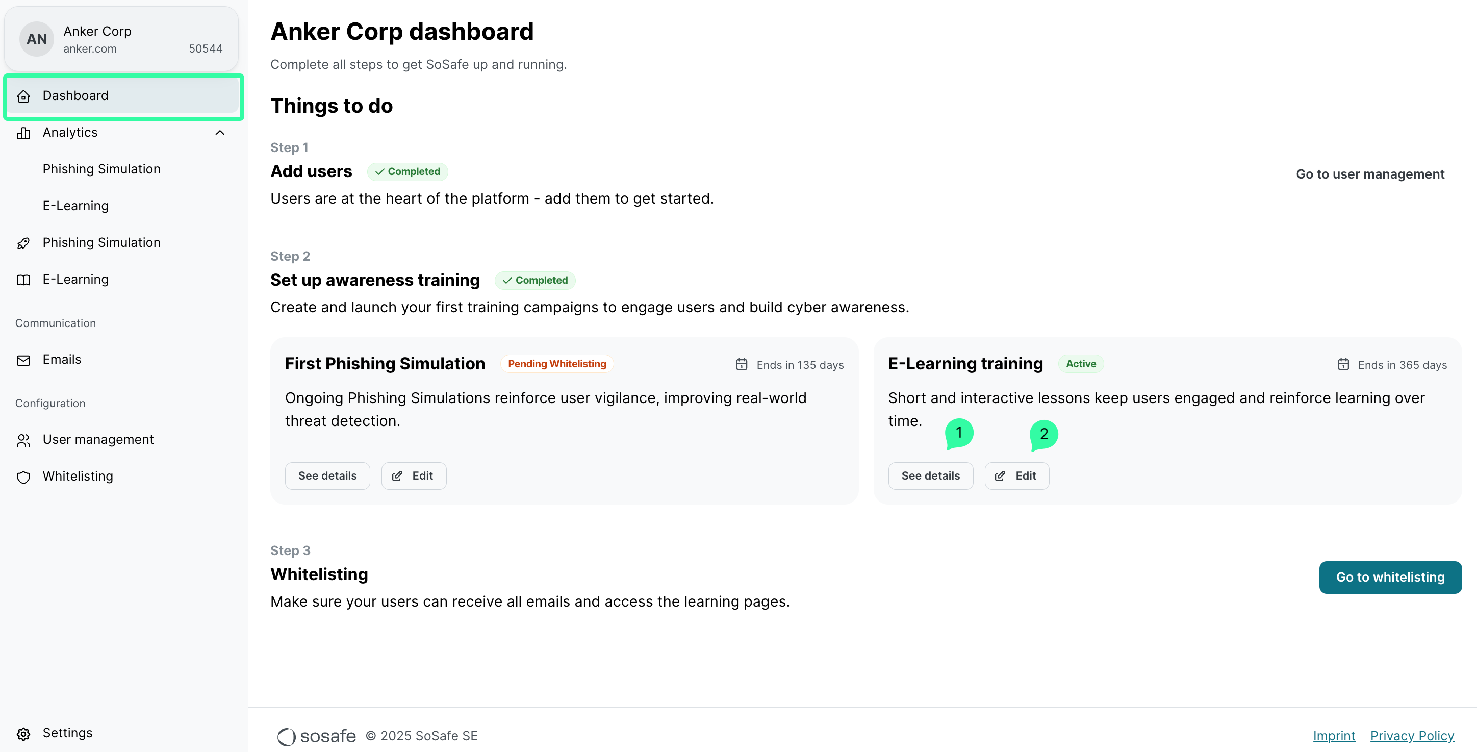 Dashboard zeigt E-Learning-Schulungsverwaltung. Zwei Schulungskarten mit Details ansehen (1) und Bearbeiten (2) Optionen mit gruenen nummerierten Markierungen.