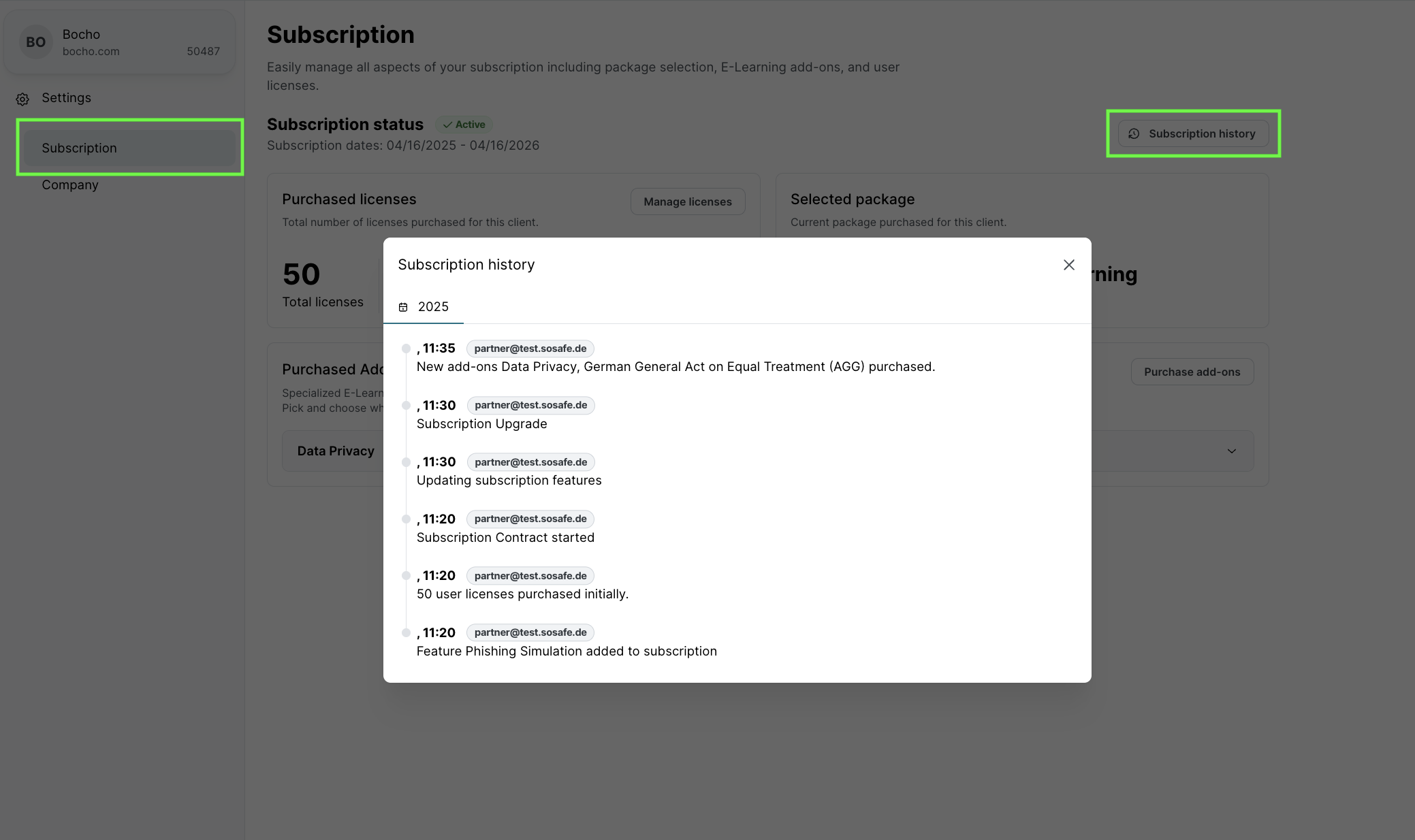 Abo-Verlauf-Dialog für 2025 zeigt Ereignisverlauf: 11:35 Neue Add-ons Datenschutz und AGG gekauft, 11:30 Abo-Upgrade, 11:30 Abonnementfunktionen aktualisieren, 11:20 Abonnementvertrag gestartet, 11:20 50 Benutzerlizenzen gekauft, 11:20 Phishing Simulation hinzugefügt.