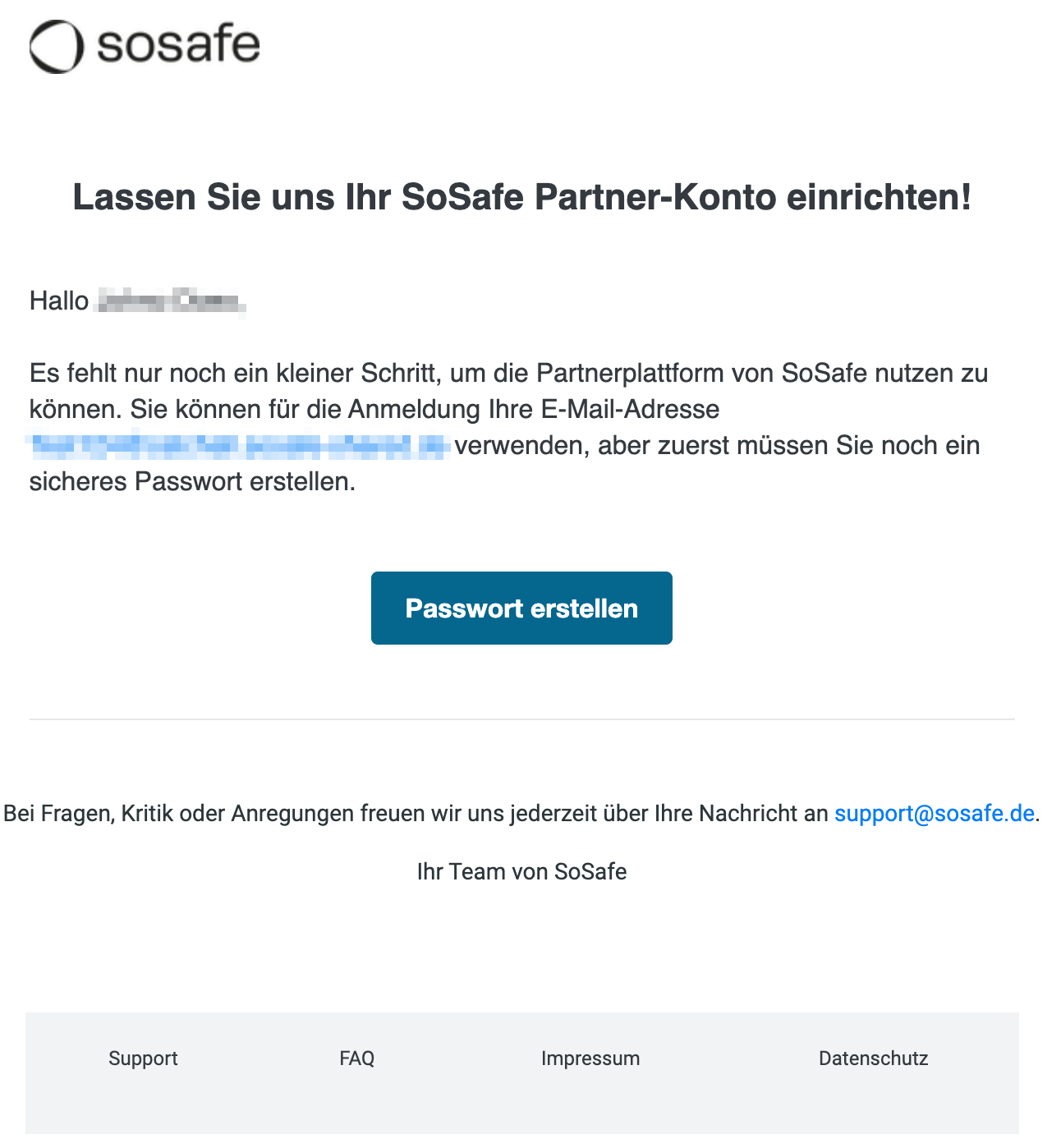 E-Mail-Setup für SoSafe Partner-Plattform. Seite zeigt Willkommens-E-Mail-Layout mit SoSafe Logo, Betreffzeile und Benutzergruß. Haupttext mit Anmeldeinstruktionen, gefolgt von hervorgehobener Schaltfläche 