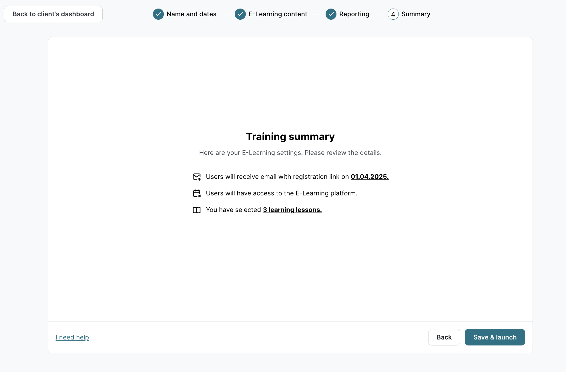 E-Learning-Schulungszusammenfassungsseite. Zeigt Nutzer-Registrierungsdatum, Plattformzugriff und 3 ausgewaehlte Module. Schaltflaeche Speichern & starten bereit.