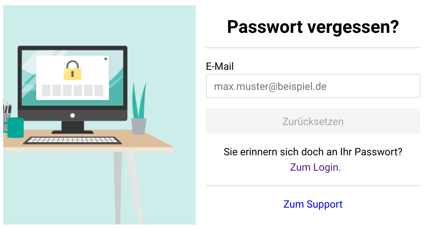 Passwort-Zurücksetzen-Seite mit E-Mail-Eingabefeld, Zurücksetzen-Schaltfläche, sowie Links zum Zurückkehren zum Login und zum Support.