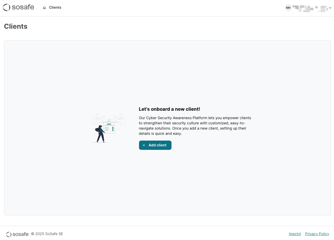 Client Dashboard nach Einrichtung mit Dinge zu tun Sektion. Schritt 1 Nutzer hinzufügen abgeschlossen, Schritt 2 Awareness-Schulung einrichten in Bearbeitung mit Standardeinrichtung und benutzerdefinierter Einrichtung.