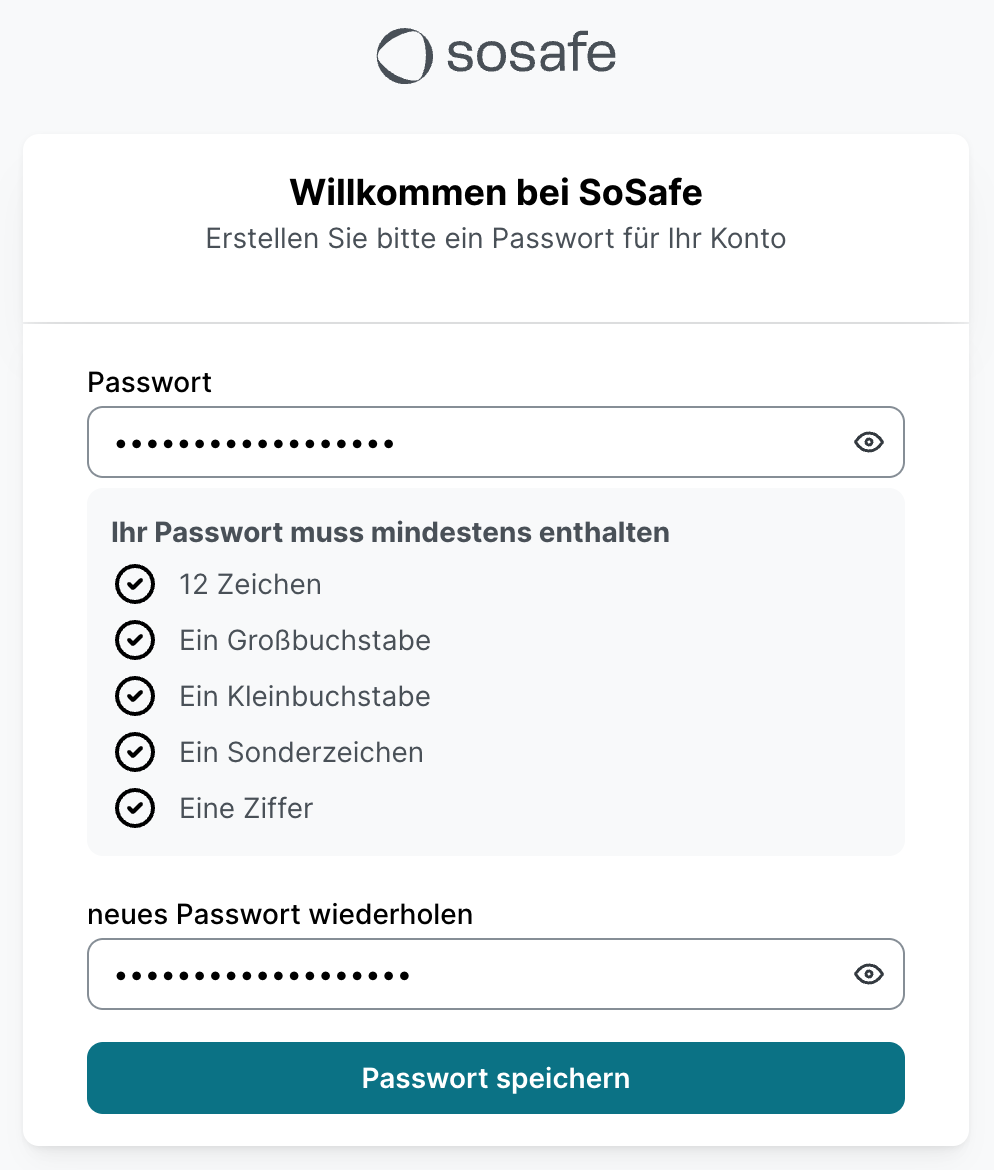 Willkommen-Seite mit Anleitung zum Erstellen eines Passworts. Passwort-Feld (maskiert) mit Sichtbarkeits-Icon. Anforderungen aufgelistet mit Häkchen: 12 Zeichen, Großbuchstabe, Kleinbuchstabe, Sonderzeichen, Ziffer. Feld Passwort wiederholen. Button Passwort speichern unten.