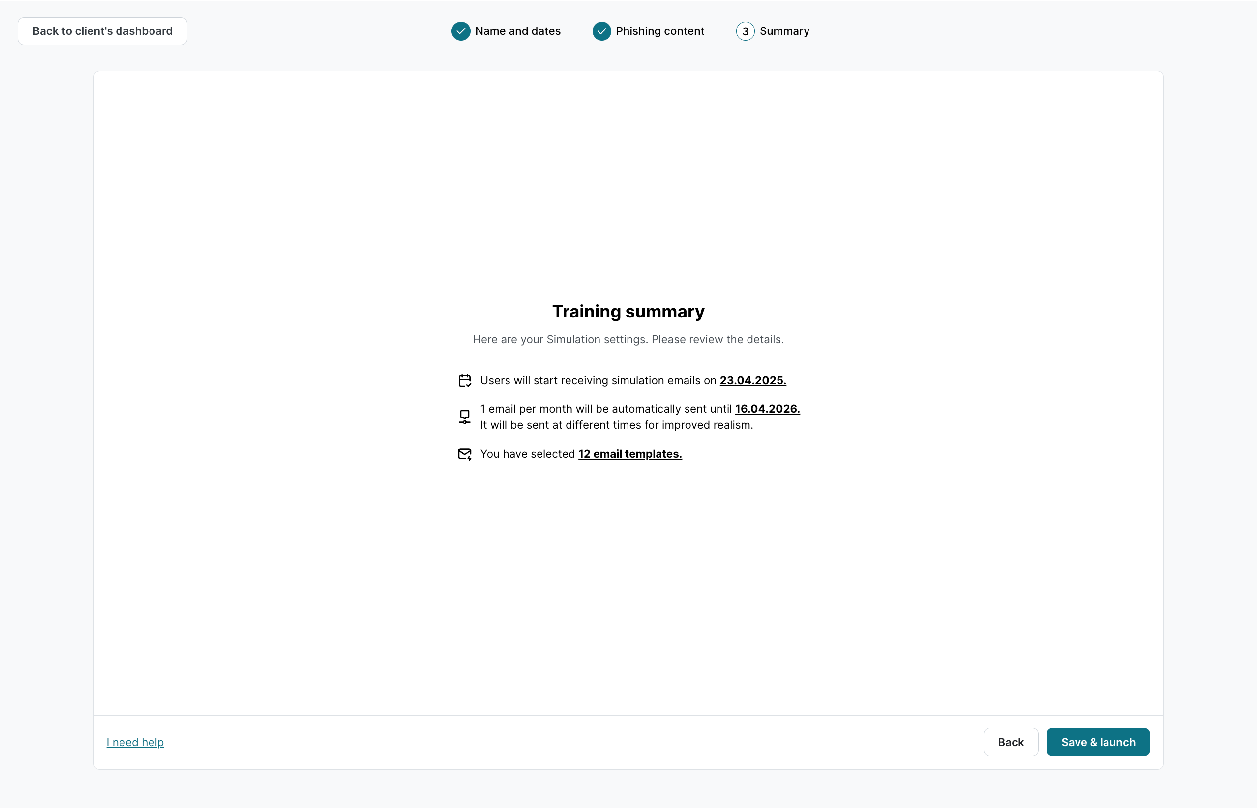 Phishing-Simulations-Assistent Schritt 3 von 3, Zusammenfassung. Übersicht mit Startdatum für Simulationsmails, monatliche Häufigkeit, variable Versendungszeiten und Anzahl gewählter E-Mail-Templates. Schaltflächen Zurück und Speichern und starten.