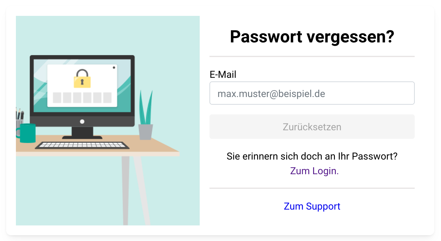 Seite Passwort vergessen? mit illustriertem Computer und Schloss links. Formularfeld für E-Mail-Adresse auf der rechten Seite mit Schaltfläche Zurücksetzen sowie Links zu Login und Support.