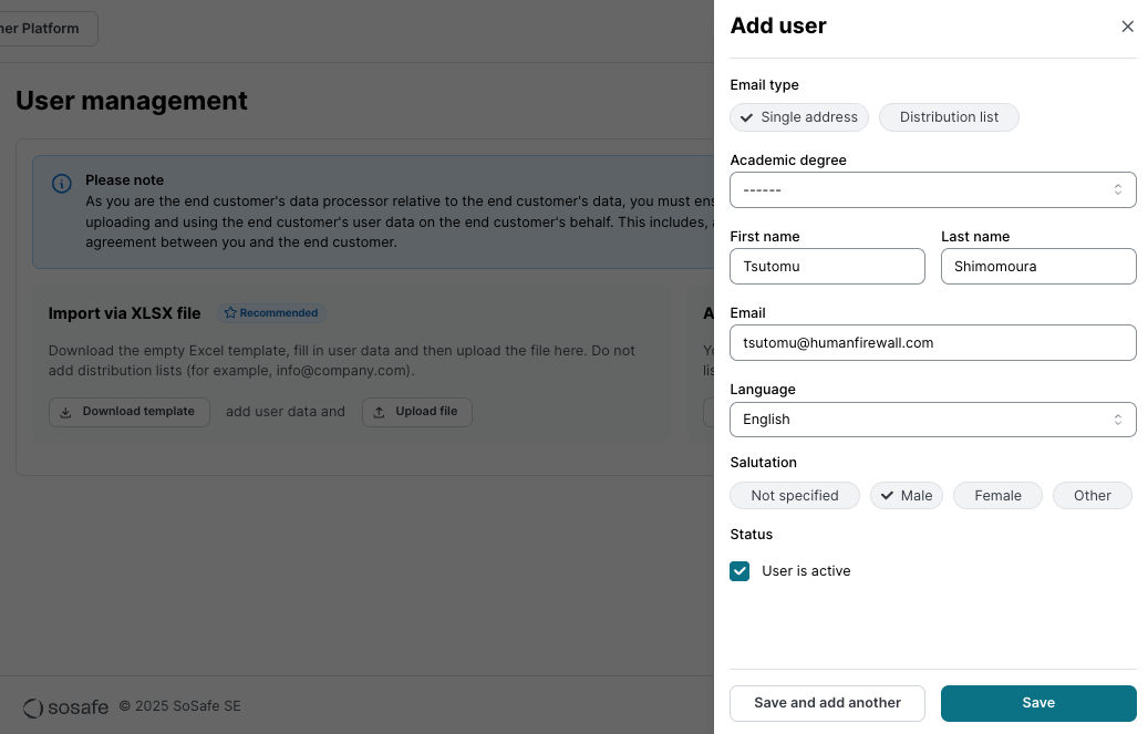 Add user dialog with form fields: Email type selection, Academic degree dropdown, First name, Last name, Email, Language dropdown, Salutation options, and User is active checkbox marked checked. Save and Save and add another buttons visible.