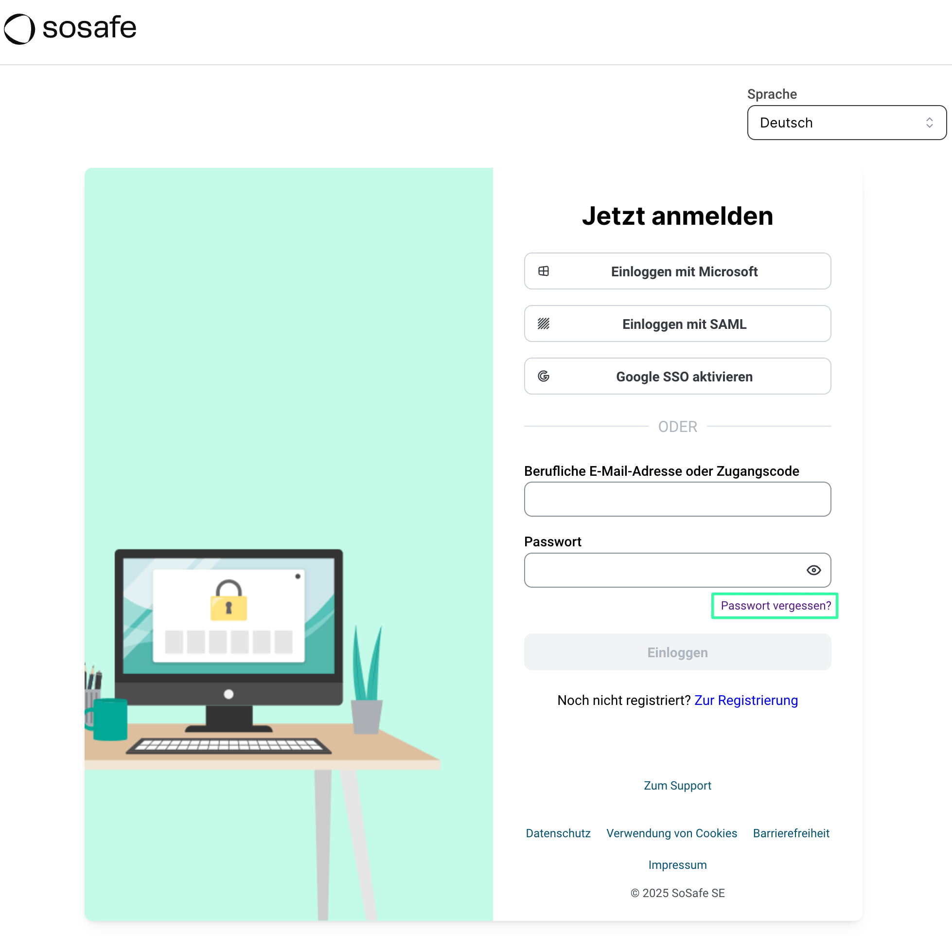 Login-Seite SoSafe mit Sprachauswahl Deutsch. Anmeldeoptionen: Einloggen mit Microsoft, Einloggen mit SAML, Google SSO aktivieren. Eingabefelder für berufliche E-Mail-Adresse oder Zuganscode und Passwort. Passwort vergessen Link in Grün hervorgehoben. Einloggen Button deaktiviert. Registrierungs- und Support-Links. Footer mit Datenschutz- und Impressum-Links.
