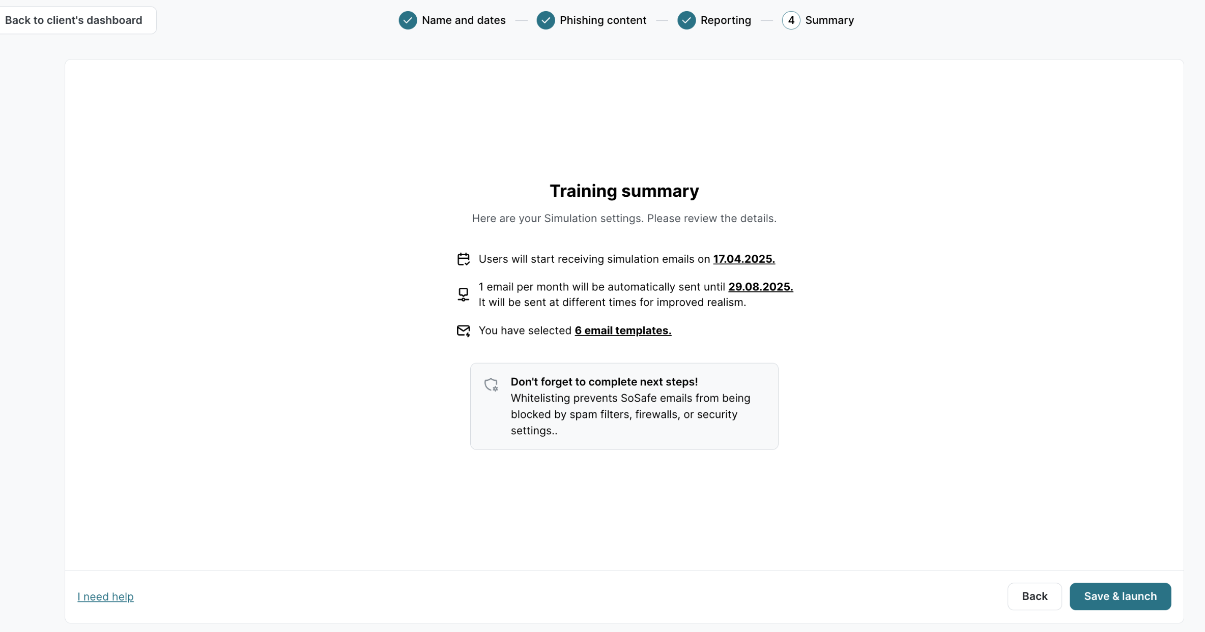 Phishing-Simulations-Assistent Schritt 4 von 4, Zusammenfassung. Übersicht mit Startdatum für Simulationsmails, Häufigkeit, Versendungszeiten und Anzahl ausgewählter E-Mail-Templates. Erinnerungsfeld zu Whitelisting-Anforderungen. Schaltflächen Zurück und Speichern und starten.