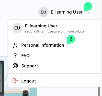 Benutzerprofilmenü E-Learning User mit grüner Zahl 2. Menüeinträge Persönliche Informationen mit Badge 2, FAQ, Support und Logout. Benutzer-E-Mail oben im Kopfbereich.