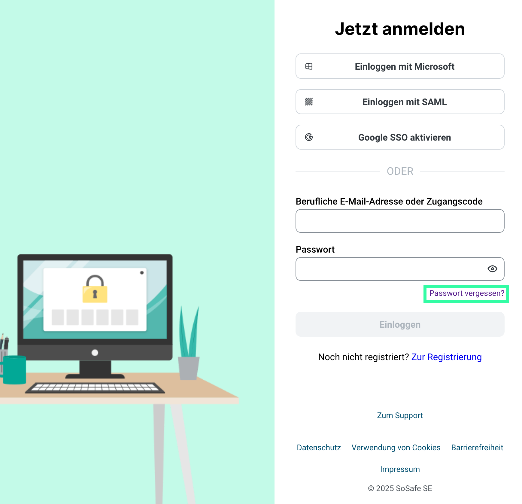 SoSafe E-Learning-Anmeldseite mit Deutsch-Sprachauswahl, drei SSO-Optionen, E-Mail und Passwort-Felder mit Passwort-vergessen-Link hervorgehoben in Grün, und Registrierungslink.