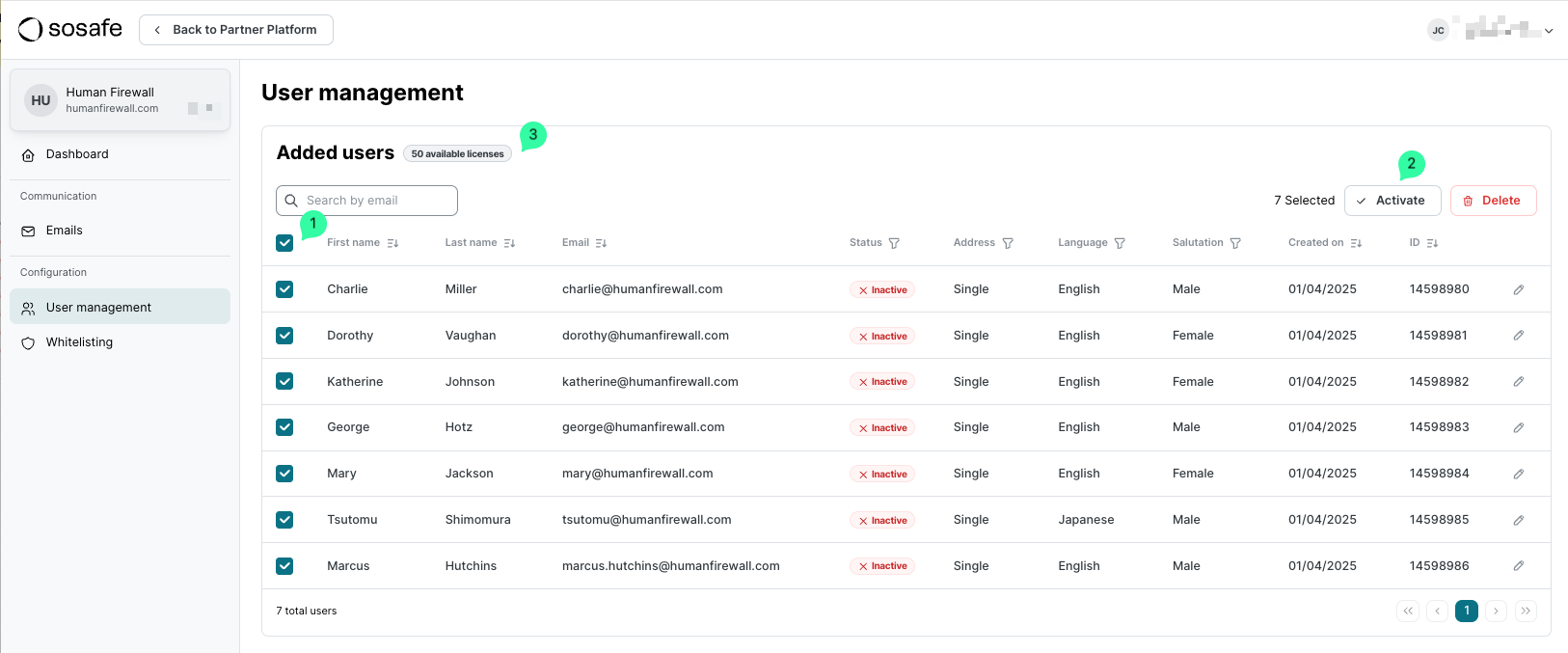 User list after import showing inactive status for all users. Checkboxes selected for 7 users, with Activate and Delete buttons visible at top right.