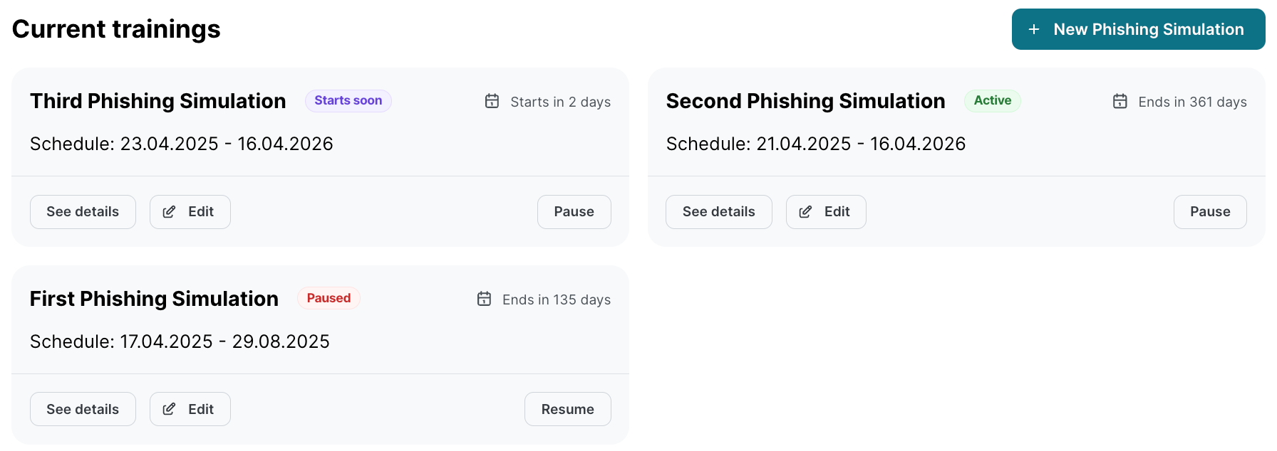 Phishing-Simulation-Schulungsstatus-Diagramm mit möglichen Zuständen basierend auf Start- und Enddatum. Zeigt Zeitablauf mit verschiedenen Statusbedingungen für laufende Schulungen.