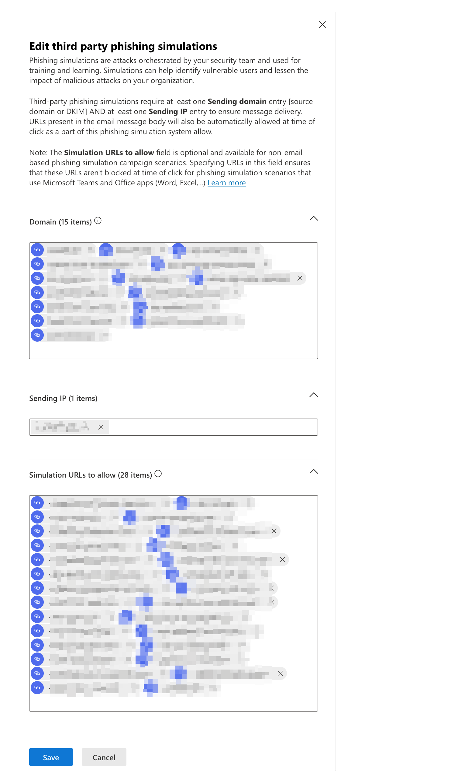 Dialog: Edit third party phishing simulations. Verschiedene Beispieleinträge unter Domain, Sending IP und Simulation URLs to allow.