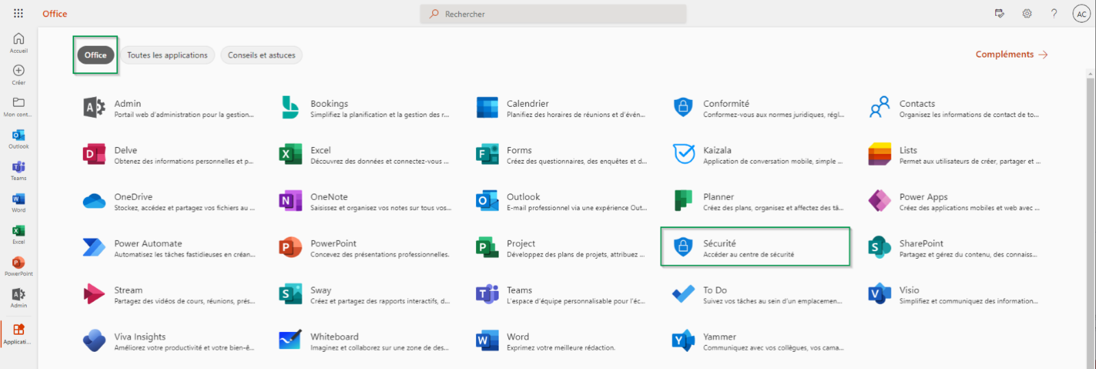 Microsoft 365 Office-Portal mit Apps-Raster. Die Sicherheit-Option ist mit grünem Rahmen hervorgehoben.