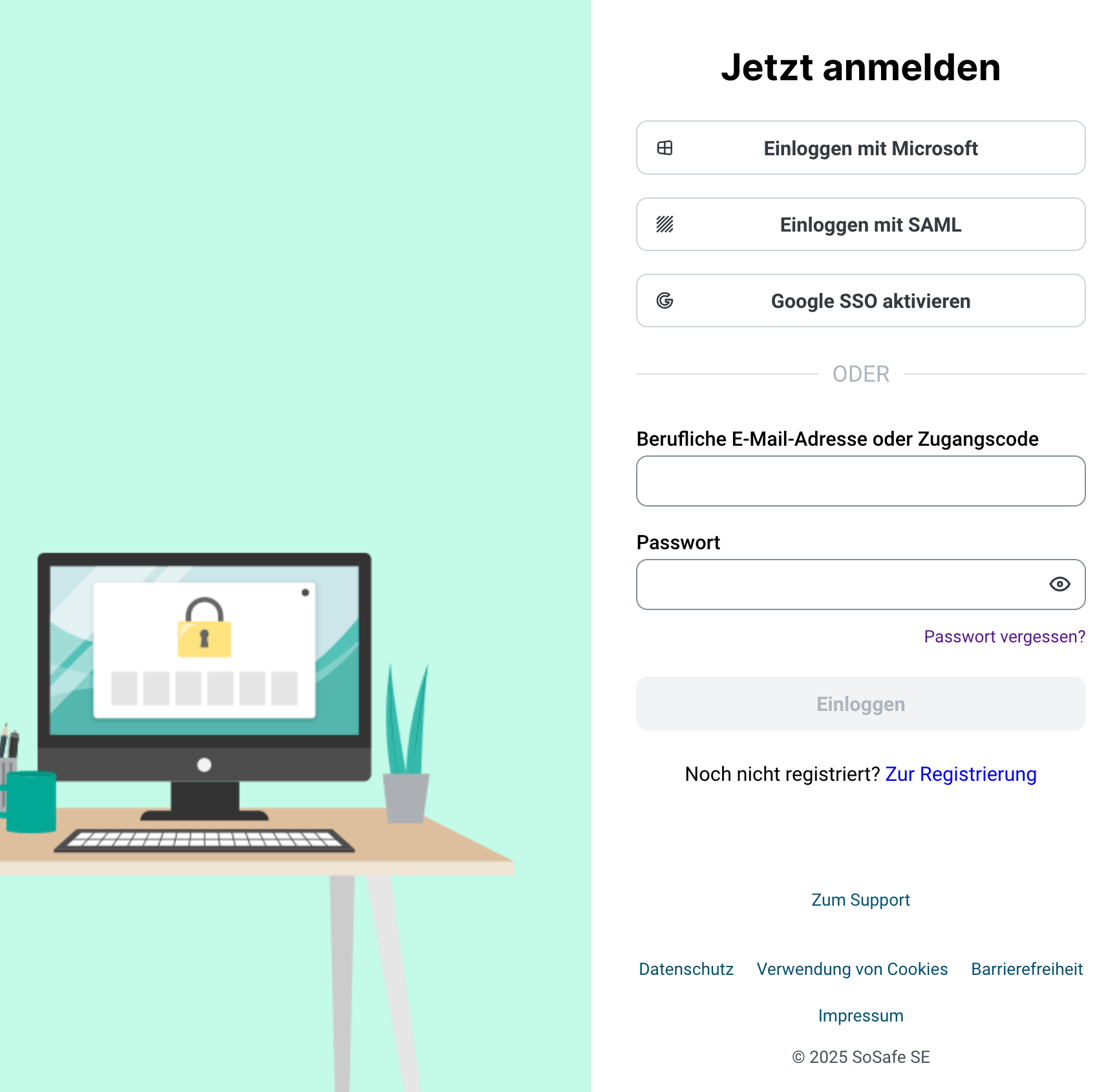 SoSafe E-Learning-Plattform Anmeldseite mit Sicherheitssymbol und Anmeldeoptionen: Microsoft, SAML, Google SSO, sowie Felder für E-Mail und Passwort.