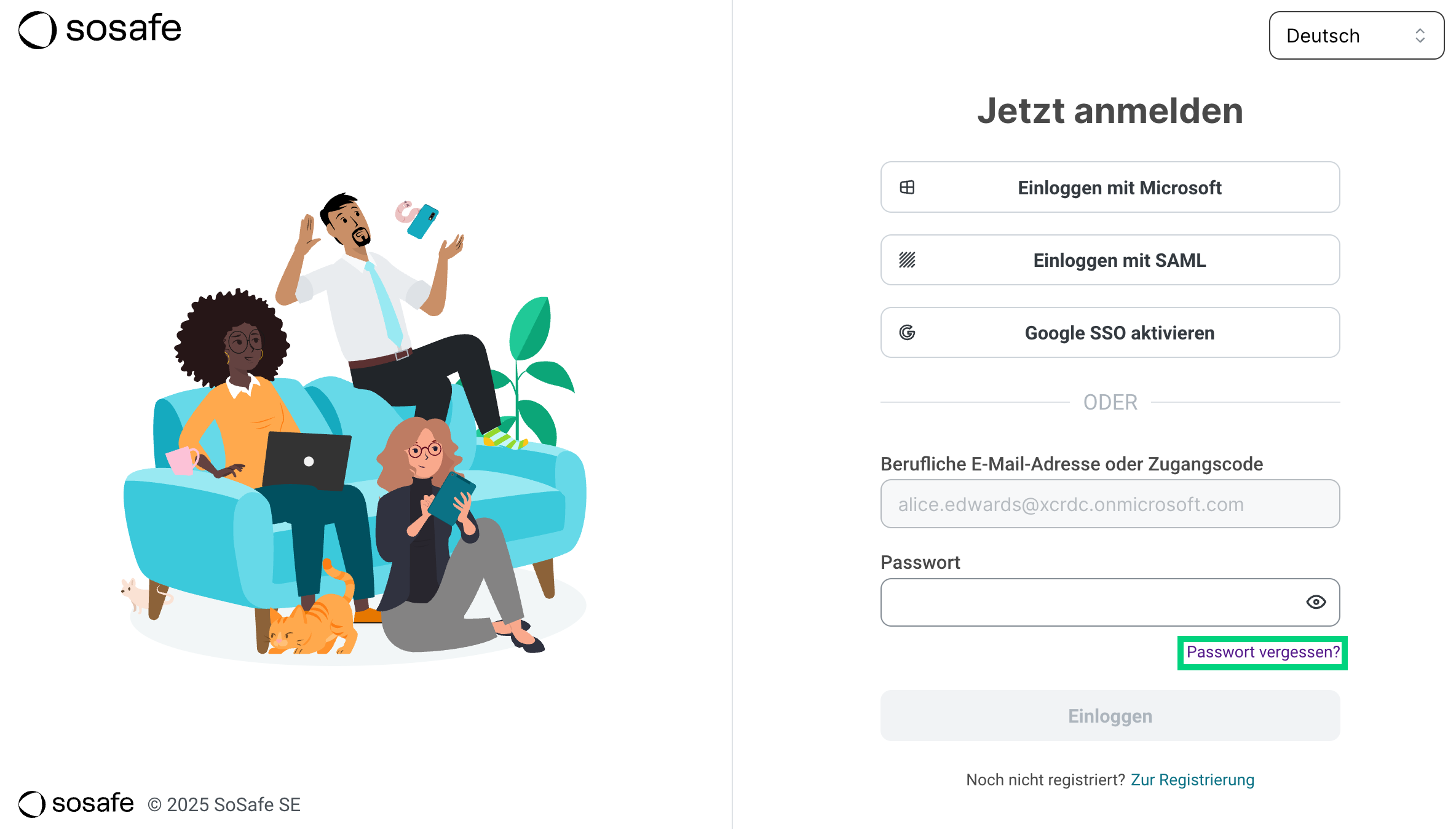 SoSafe E-Learning-Anmeldseite mit Deutsch-Sprachauswahl, SSO-Optionen, E-Mail mit Beispiel und Passwort-Feld mit Passwort-vergessen-Link hervorgehoben in Grün.