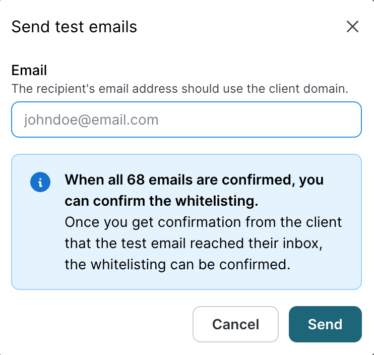 Send test emails dialog with Email field. Info box explains that once all 68 emails confirmed received by the client, whitelisting can be confirmed. Cancel and Send buttons visible.