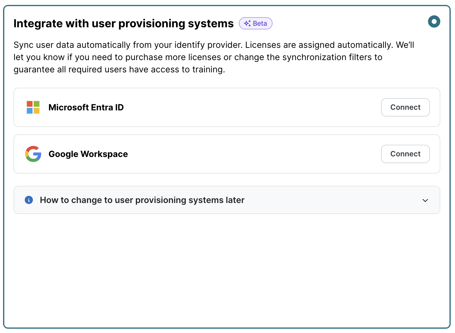 Benutzerverwaltungssysteme-Abschnitt mit Microsoft Entra ID und Google Workspace zur Verbindung. Jede Option hat eine Schaltfläche Verbinden. Hinweis: Es kann nur ein Identity Provider gleichzeitig angebunden werden.