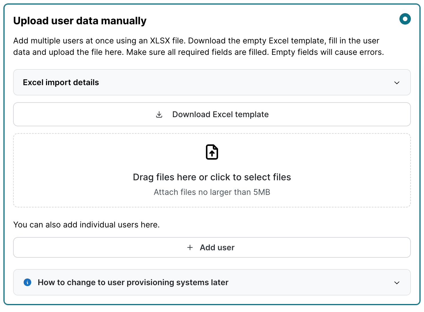 Bereich Upload von Nutzerdaten manuell mit Anleitung, Schaltfläche Excel-Template herunterladen, Datei-Upload-Bereich und Schaltfläche Nutzer hinzufügen.