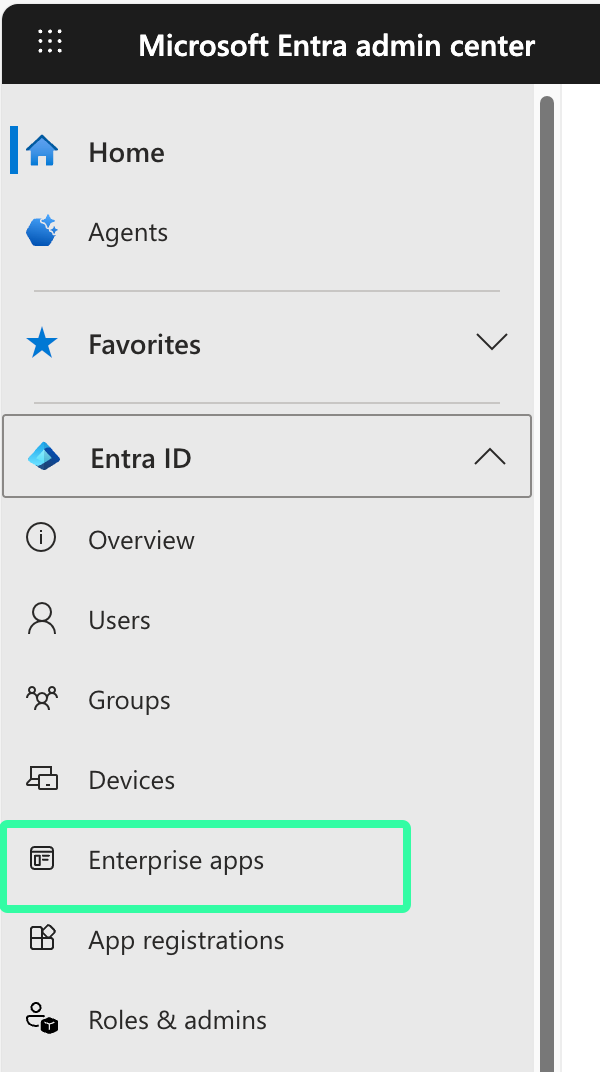 Microsoft Entra Admin Center, linke Navigation mit Home, Agents, Favorites, Entra ID (erweitert), Overview, Users, Groups, Devices. Enterprise apps-Eintrag ist mit grüner Box markiert.