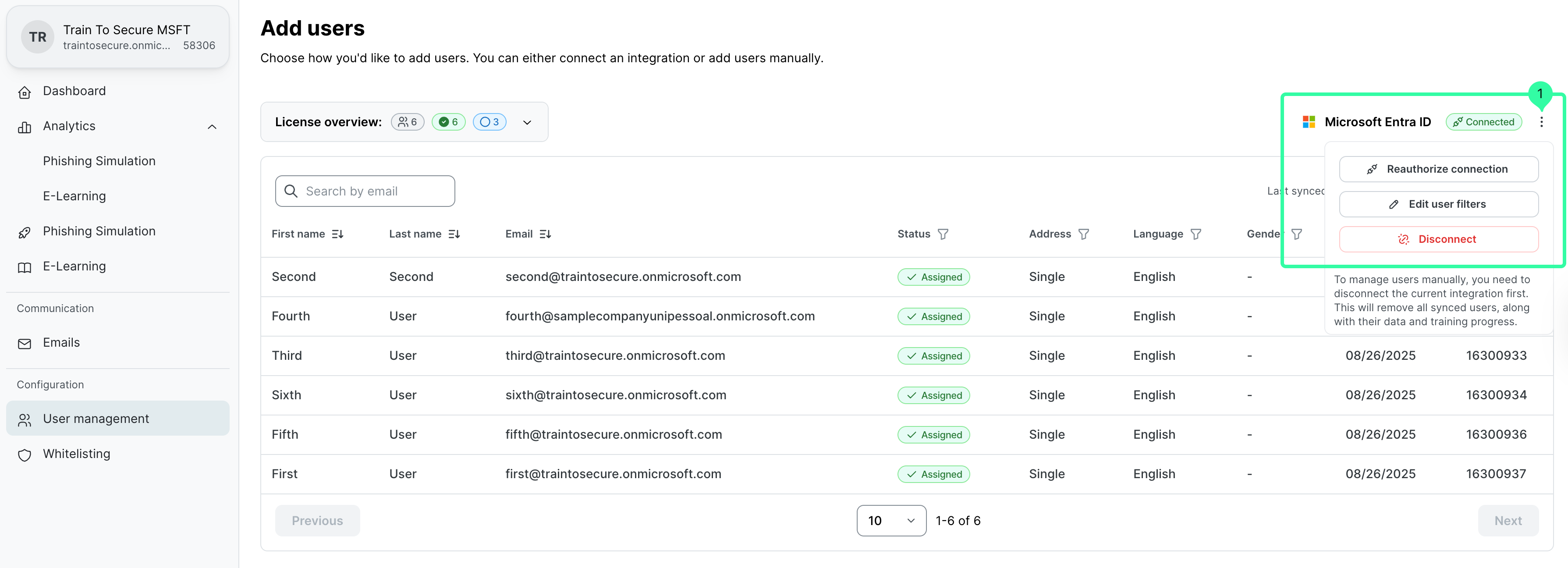 Nutzerverwaltungs-Dialog mit Tabelle für Vorname, Nachname, E-Mail, Status, Adresse, Sprache und Geschlecht. Mehrere Einträge mit Assigned-Status sichtbar. Rechts Microsoft Entra ID-Integrationspanel mit Connected-Status und Optionen zum Verbindungsmanagement.