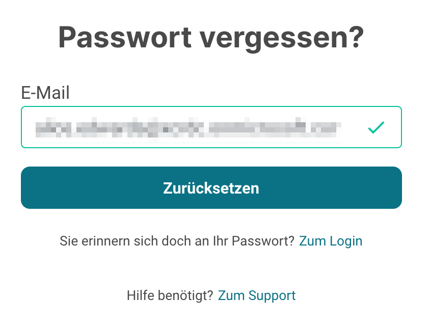 SoSafe E-Learning Passwort-Zurücksetzen-Seite mit E-Mail-Eingabefeld, Zurücksetzen-Schaltfläche, und Links zum Zurückkehren zum Anmelden und zum Support.
