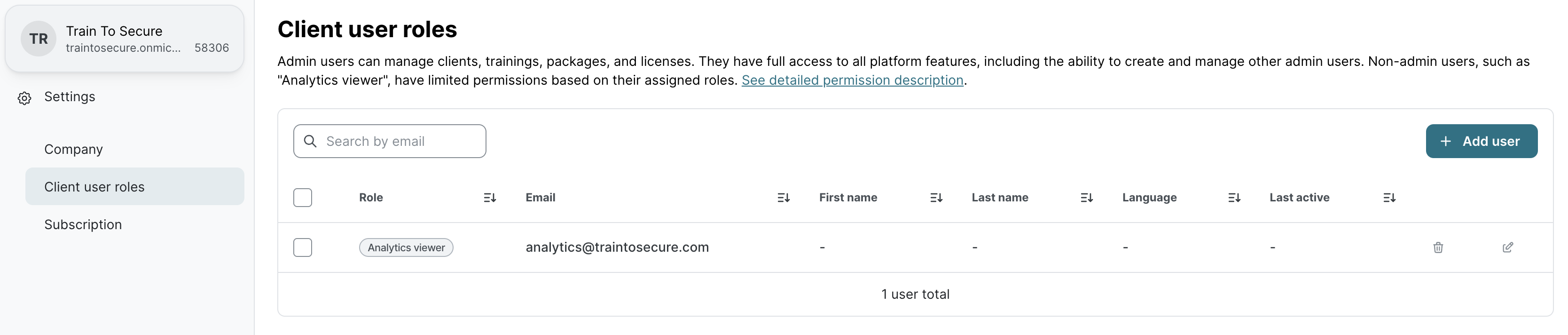 SoSafe Manager Client-Nutzerrollen-Seite mit Tabelle. Zeigt eine Nutzerin mit Rolle 