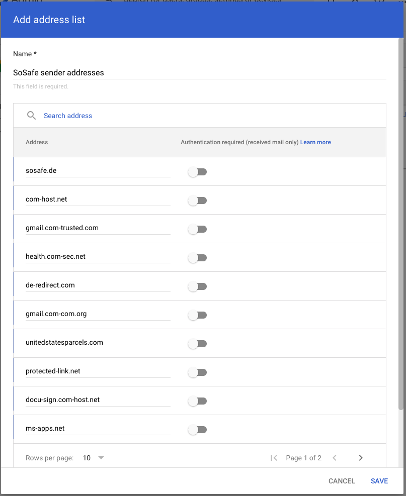 Dialog zum Hinzufügen einer Adressliste mit Feldname SoSafe Sender Addresses und Liste mit mehreren Domains und Aktivierungsschaltern.