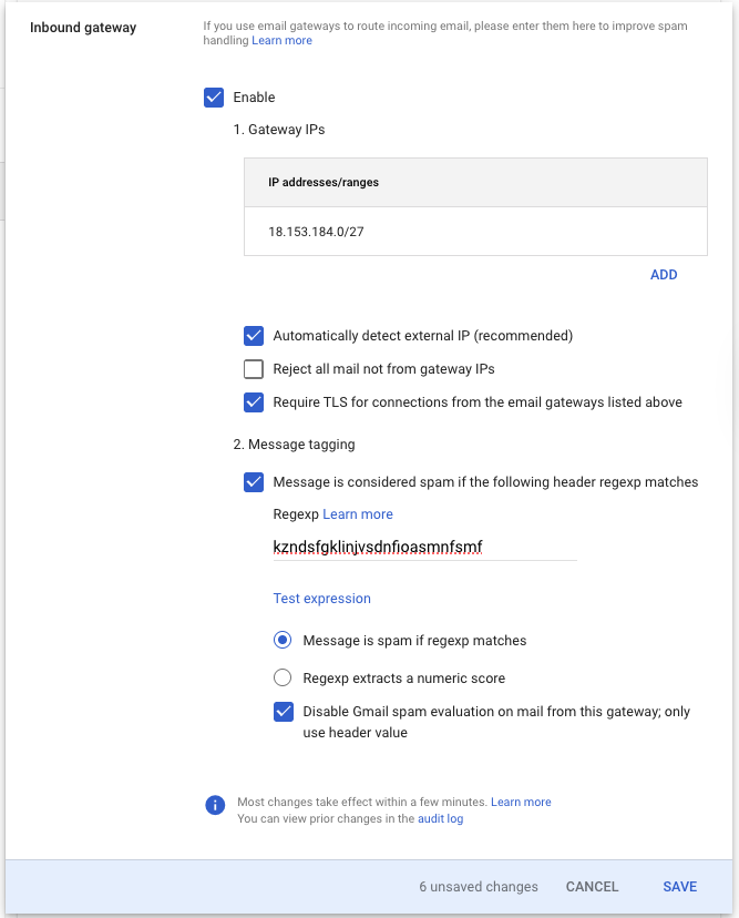 Inbound-Gateway-Einstellungen mit Checkbox Aktivieren, Gateway-IPs-Feld mit IP-Beispiel, und Nachrichtentagging-Feld mit Regex-Beispiel.