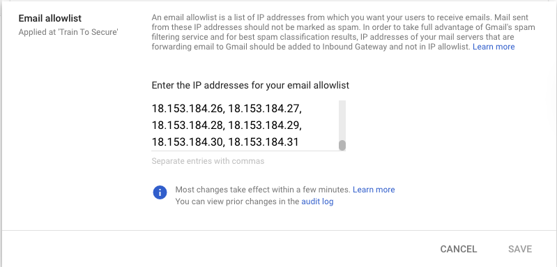 Email-Zulassungsliste mit Eingabefeld für IP-Adressen und mehrere IPv4-Adressen als Beispiel aufgelistet mit Speichern-Schaltfläche.