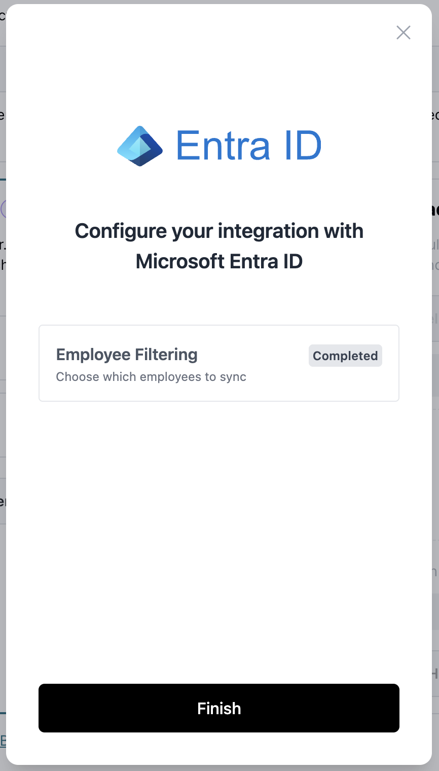Integrationsconfiguration mit Employee Filtering-Abschnitt, dessen Status auf Completed markiert ist. Finish-Schaltfläche unten zur Vervollständigung der Microsoft Entra ID-Nutzerverwaltungseinrichtung.