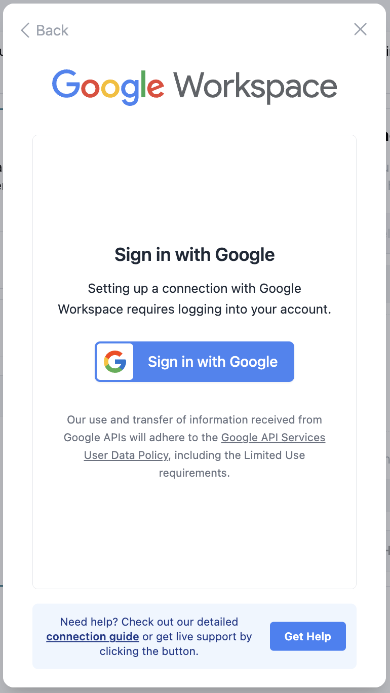 Google Workspace-Anmeldebildschirm mit Titel Anmelden mit Google. Text erklärt, dass Verbindung mit Google Workspace Anmeldung erfordert. Blaue Schaltfläche Anmelden mit Google. Hilfesection mit Verbindungsleitfaden-Link und Get Help-Schaltfläche.