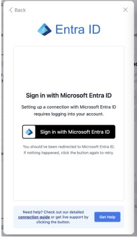 Entra ID-Anmeldedialog. Text erklärt, dass Verbindung mit Microsoft Entra ID Anmeldung erfordert. Dunkelblaue Schaltfläche Anmelden mit Microsoft Entra ID sichtbar. Hilfesection darunter.