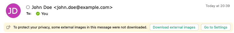 Outlook-E-Mail-Header mit Nachricht, dass externe Bilder nicht heruntergeladen wurden, mit Optionen zum Herunterladen oder Ändern der Einstellungen.