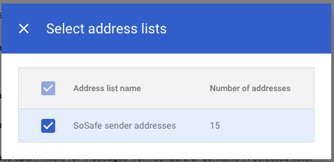 Dialog Adresslisten wählen mit Listennamen SoSafe Sender Addresses, Anzahl 15 Adressen ausgewählt mit Checkbox markiert.