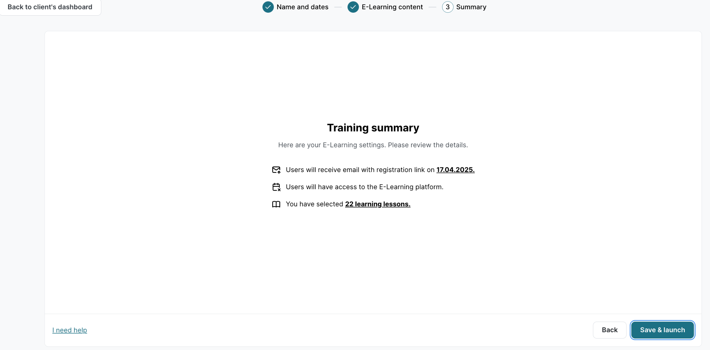 Seite Schulungszusammenfassung für E-Learning-Schulung, Schritt 3 von 3. Übersicht mit Nutzerverwaltungsstartdatum 17.04.2025, Zugang zur E-Learning-Plattform und ausgewählten Lernlektionen. Schaltfläche Speichern und starten unten rechts.