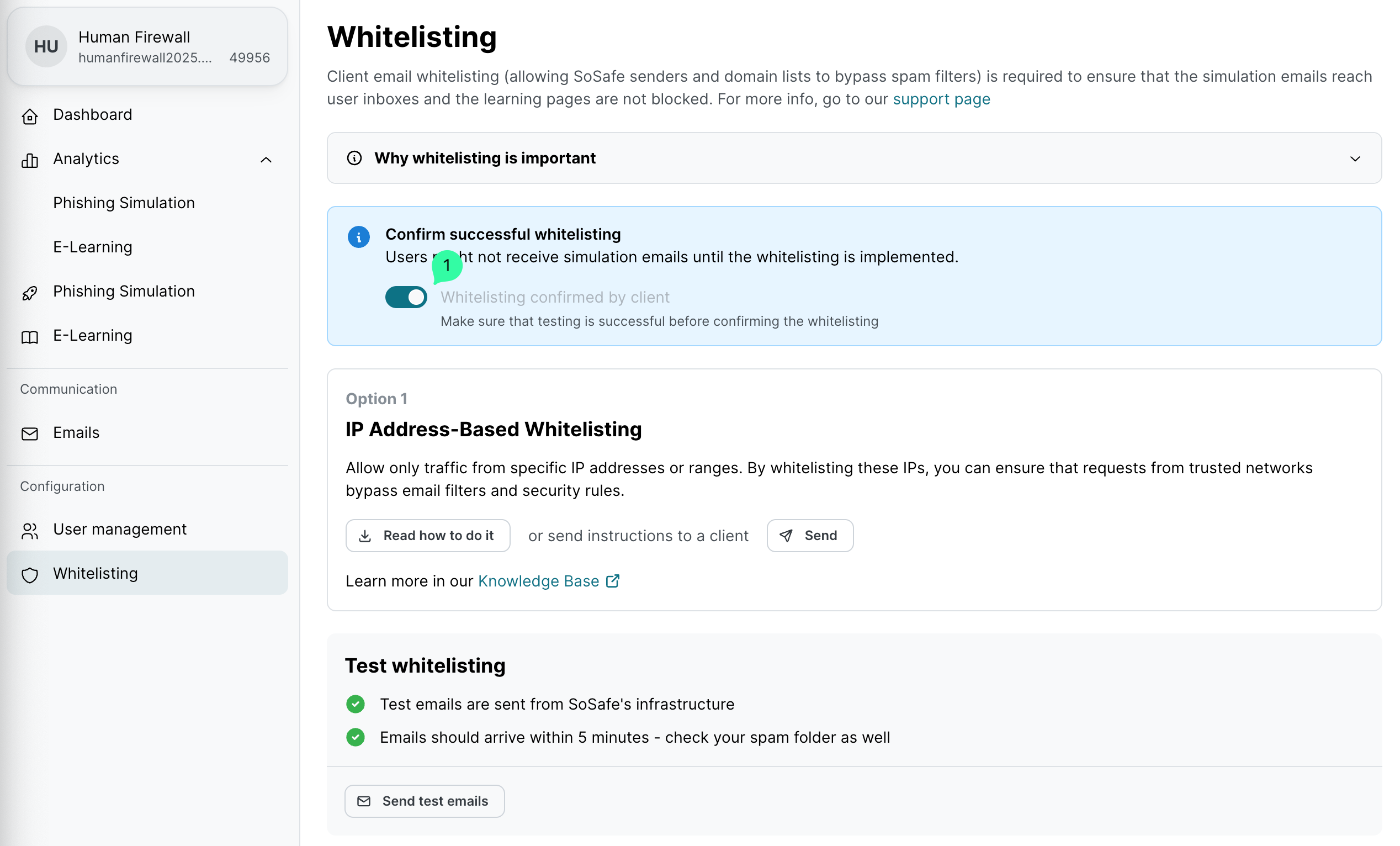 Whitelisting-Konfigurationsseite zeigt mehrere Abschnitte. Oben Text über Whitelisting-Anforderung. Abschnitt 