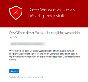 Microsoft Defender Warnung zeigt rotes Schild mit X und Nachricht, dass Website als bösartig eingestuft wurde, mit Erklärtext und Zurück-Schaltfläche.