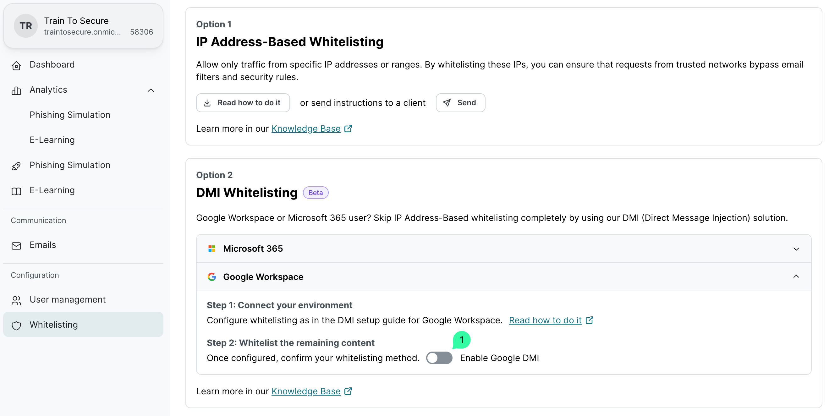 SoSafe Partner-Plattform Whitelisting-Seite mit zwei Optionen: IP Address-Based Whitelisting und DMI Whitelisting mit Google Workspace und Microsoft 365 Unterstützung.