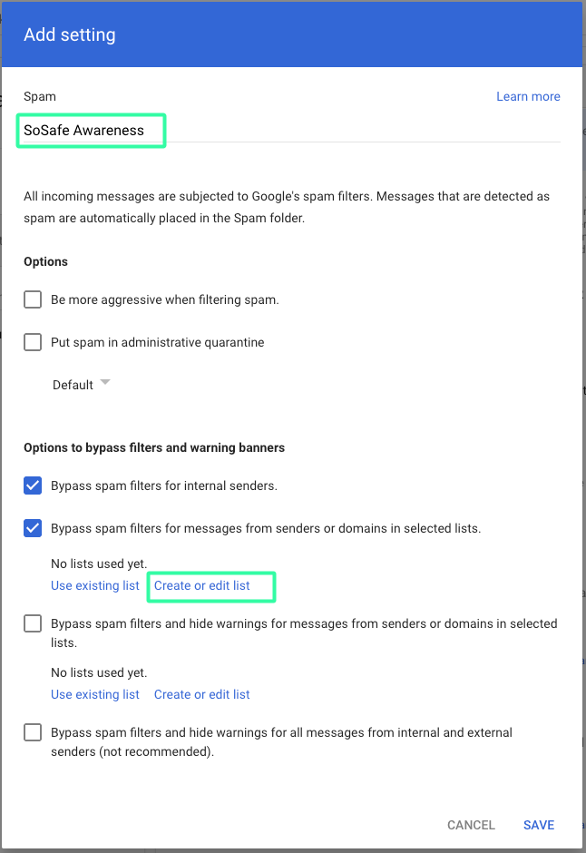Dialog Spam-Filter-Einstellung mit Feldname SoSafe Awareness rot hervorgehoben und Optionen zum Umgehen von Spam-Filtern für interne Absender und ausgewählte Listen.