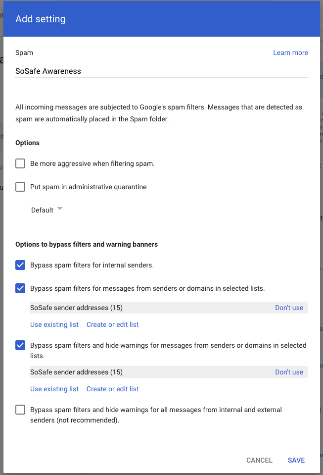 Dialog Spam-Filter-Einstellung mit aktivierten Checkboxen für SoSafe Sender Addresses in zwei Bereichs-Optionen, jeweils mit 15 Adressen konfiguriert.