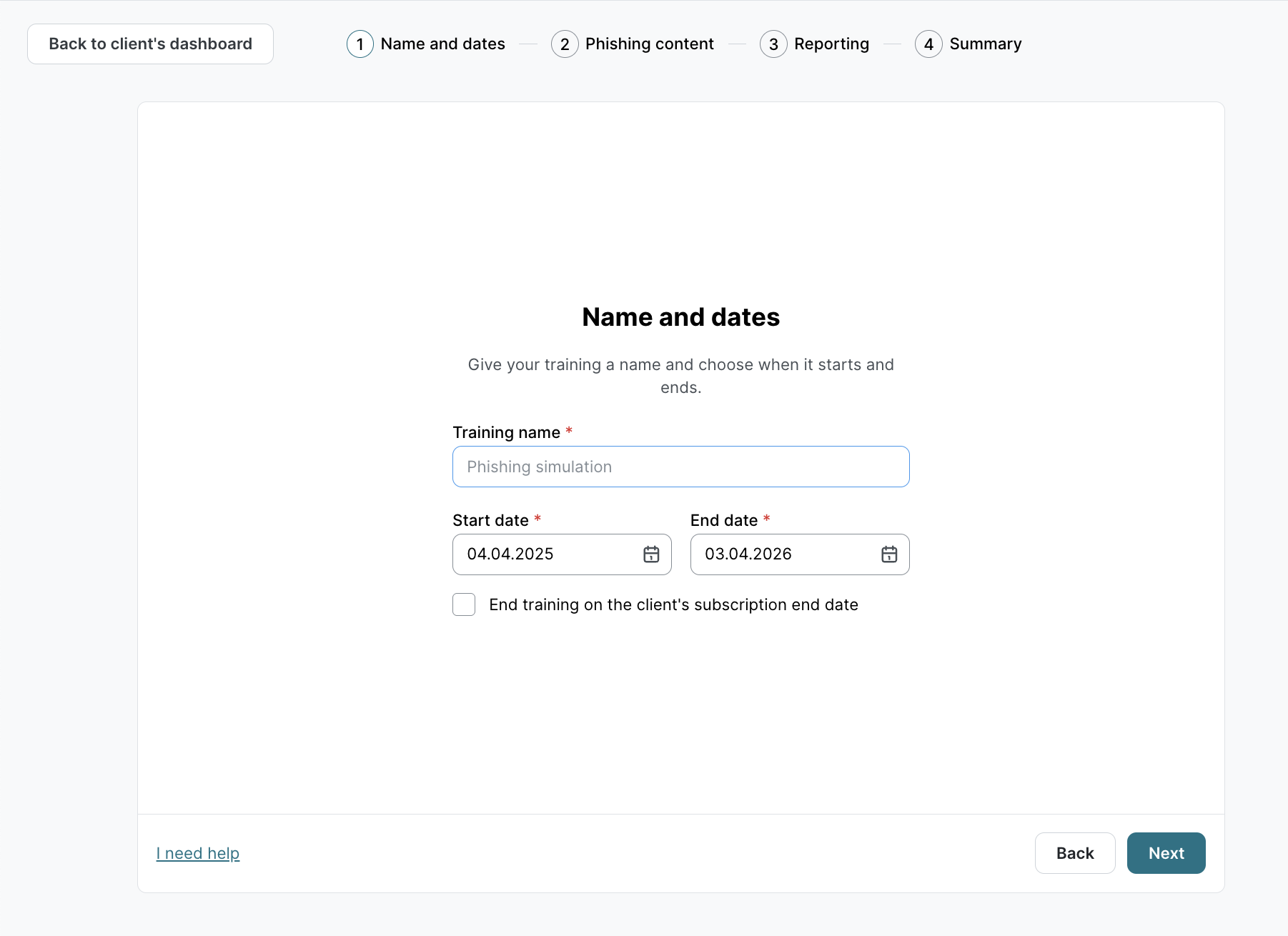 Phishing Simulation training wizard step 1, Name and dates page. Training name field shows Phishing simulation. Start date 04.04.2025, End date 03.04.2026, subscription end date checkbox.