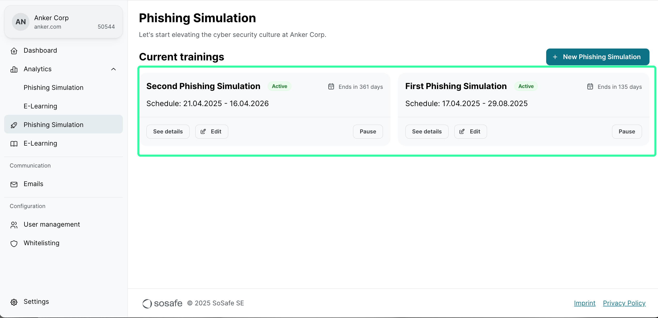 Phishing Simulation current trainings showing two active simulations. Second Phishing Simulation scheduled 21.04.2025 to 16.04.2026. First Phishing Simulation scheduled 17.04.2025 to 29.08.2025.