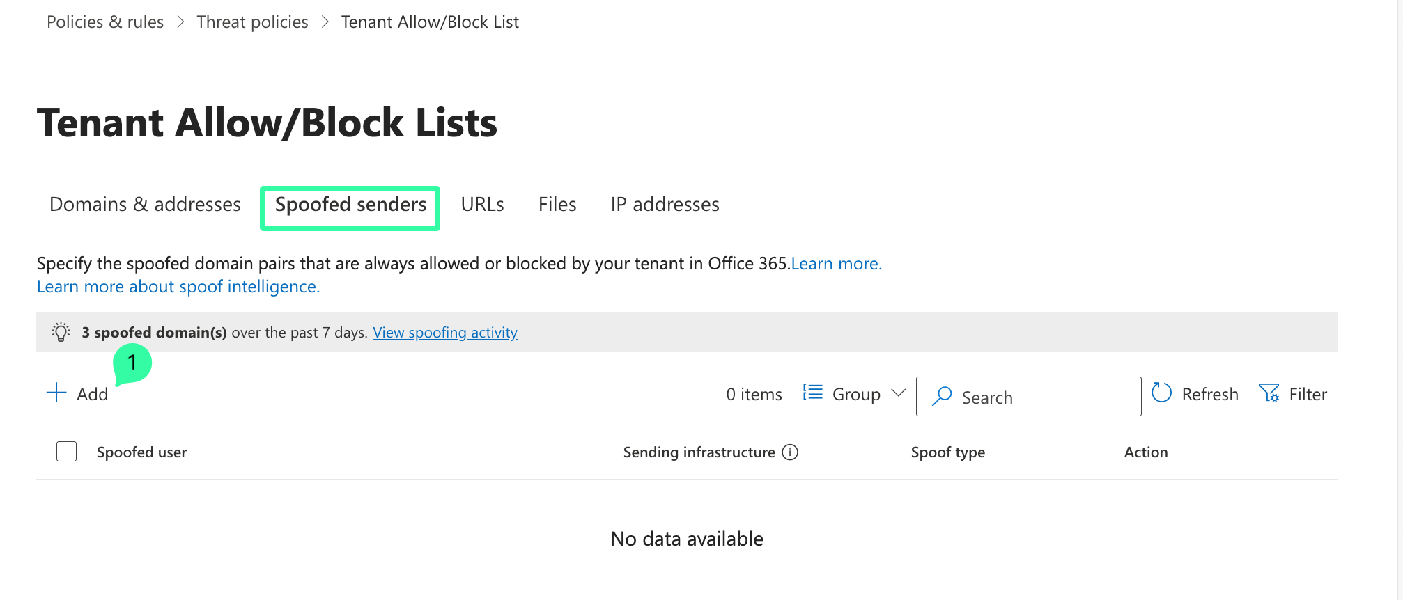 Microsoft 365 Defender Tenant Allow/Block Lists showing Spoofed senders tab. Add button marked (1) visible. Allows configuration of sender exceptions. Learn more link to Knowledge Base provided.