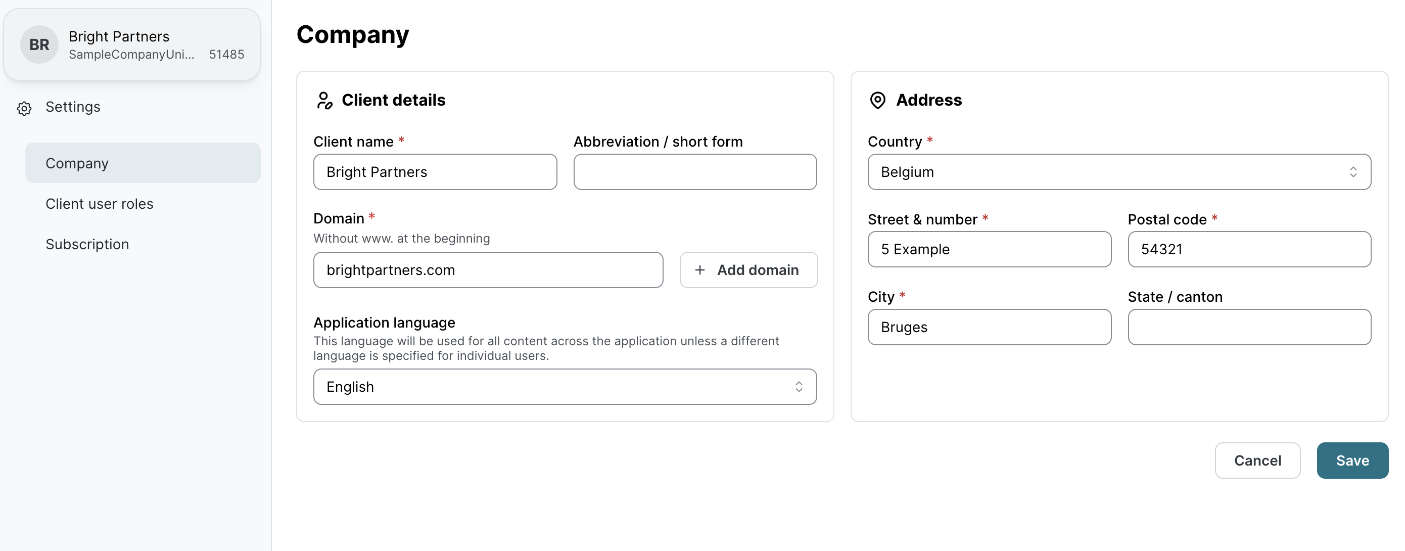 Zurich Cyber Security Awareness settings page showing Company section with client name, abbreviation and domain fields, and Address section with country, street, postal code, city fields.