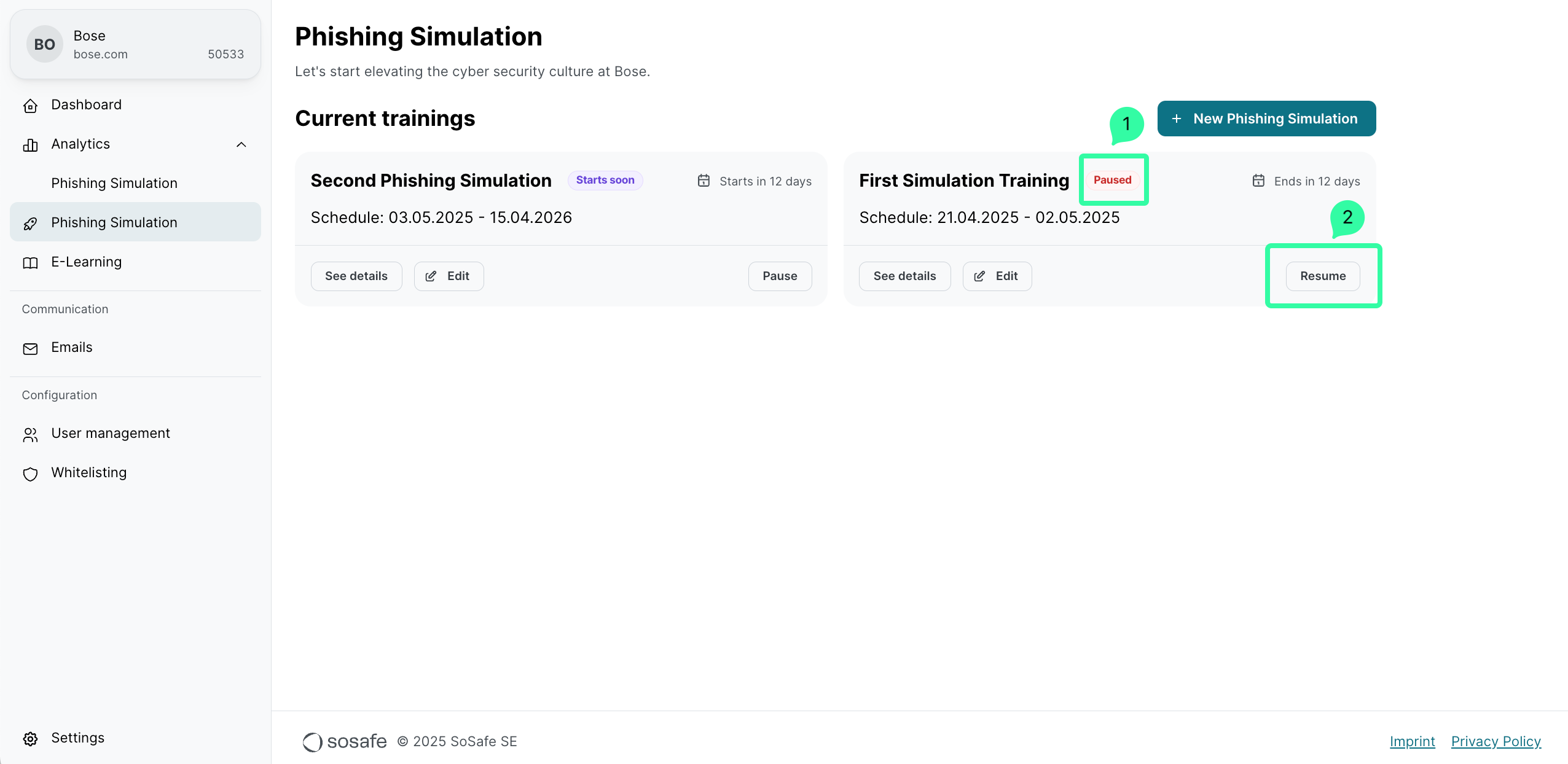 Current trainings list with multiple phishing simulations: Third (Starts soon), Second (Active, 361 days remaining), and First (Paused, 135 days remaining). Each has Edit, Pause or Resume options.
