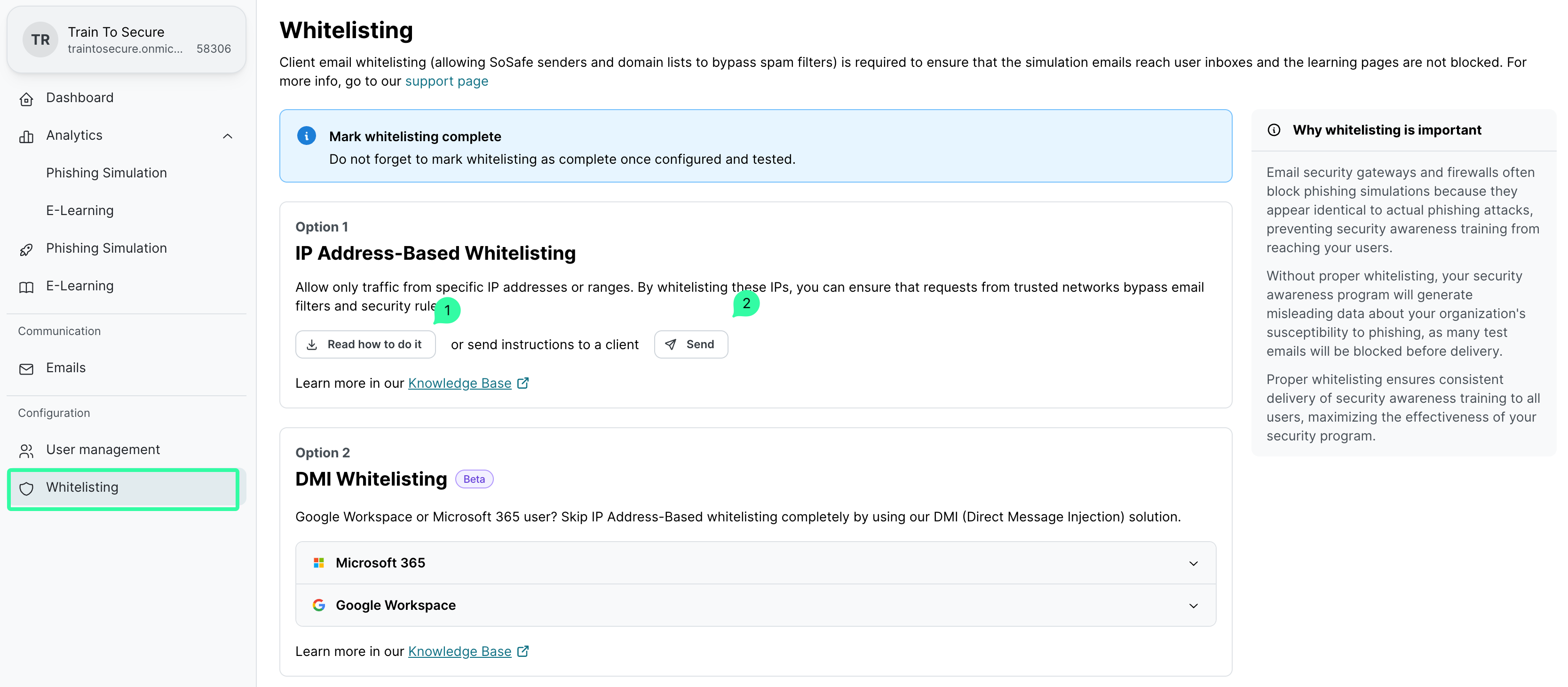 Whitelisting guide page showing Option 1: IP Address-Based Whitelisting with Read how to do it button marked (1) and Send button (2). Option 2: DMI Whitelisting with Microsoft 365 and Google Workspace dropdowns.