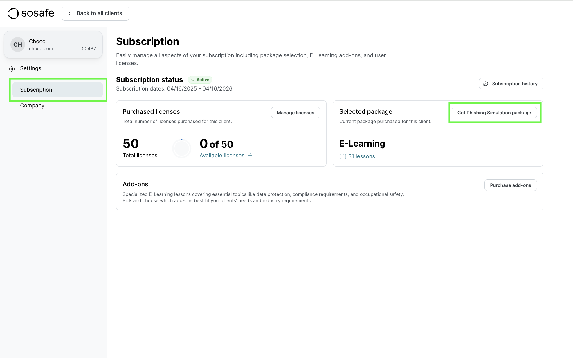 Subscription page showing current package E-Learning (31 lessons) selected. Purchased licenses: 50 total, 0 available. Get Phishing Simulation package button highlighted in green on the right.