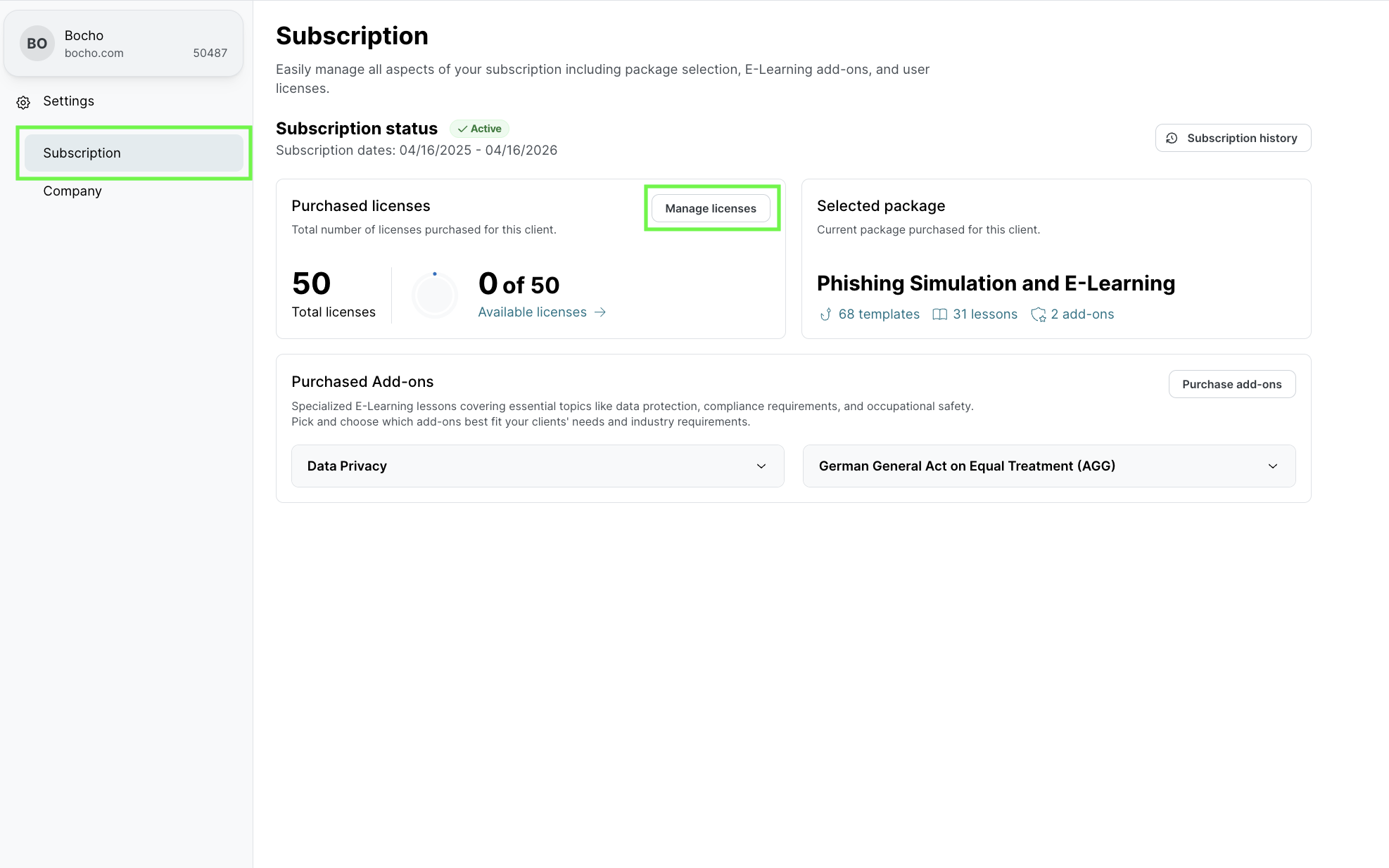 Subscription page showing Active status (04/16/2025 to 04/16/2026). Purchased licenses: 50 total, 0 available. Selected package: Phishing Simulation and E-Learning with 68 templates, 31 lessons, and 2 add-ons. Manage licenses button highlighted.