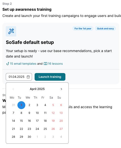 Dialog Standardschulung starten mit Optionen Assessment training 3 E-Mails 2 Wochen, Phishing-Simulation 12 E-Mails 12 Monate und E-Learning 16 Lektionen 12 Monate.